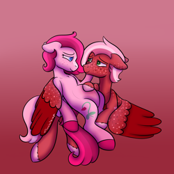 Size: 2000x2000 | Tagged: safe, artist:whimsicalseraph, imported from derpibooru, oc, oc only, oc:raspberry sorbet, oc:strawberry syrup, pegasus, pony, duo, duo female, female, floppy ears, freckles, gradient background, incest, lesbian, lesbian couple, pregnant, siblings, simple background, twincest, twins, unshorn fetlocks, wings