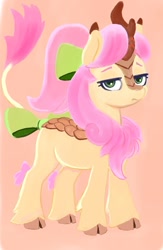 Size: 652x1000 | Tagged: safe, artist:ponsce, imported from derpibooru, kirin, bow, cloven hooves, female, frown, g5, hair bow, kirin-ified, looking at you, posey bloom, posey bloom is not amused, posey can't catch a break, simple background, solo, species swap, tail, tail bow, this will end in nirik, unamused