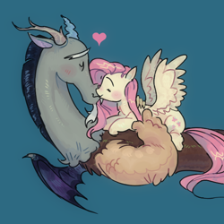 Size: 648x648 | Tagged: safe, artist:burgeredagent, imported from derpibooru, discord, fluttershy, draconequus, pegasus, pony, blue background, discoshy, duo, female, kiss on the lips, male, shipping, simple background, spread wings, straight, wings