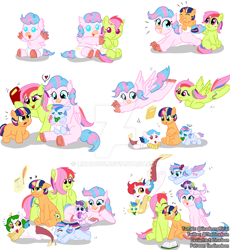Size: 1024x1111 | Tagged: safe, artist:linadoon, imported from derpibooru, oc, oc only, oc:applebuck, oc:cloudchaser, oc:colorful thunder, oc:dazzleflash, oc:precious, oc:sunnynight, oc:wavedancer, dracony, earth pony, hybrid, pegasus, pony, unicorn, age progression, baby, baby pony, book, colt, cute, deviantart watermark, female, filly, flying, foal, freckles, holding a pony, interspecies offspring, levitation, magic, magical lesbian spawn, male, obtrusive watermark, offspring, older, pacifier, parent:applejack, parent:discord, parent:fluttershy, parent:pinkie pie, parent:princess celestia, parent:princess skystar, parent:rainbow dash, parent:rarity, parent:spike, parent:twilight sparkle, parents:dislestia, parents:flutterdash, parents:skypie, parents:sparity, parents:twijack, quill, simple background, telekinesis, watermark, white background