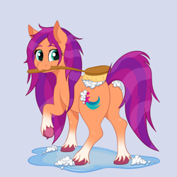 Size: 3000x3000 | Tagged: safe, alternate version, artist:szafir87, imported from derpibooru, sunny starscout, earth pony, pony, :3, bathing, brush, butt, coat markings, cute, female, g5, mare, mouth hold, plot, raised hoof, simple background, socks (coat markings), solo, sunny starbutt, sunnybetes, unshorn fetlocks, wet
