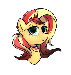 Size: 1468x1556 | Tagged: safe, artist:yumiy_salin, imported from derpibooru, sunset shimmer, pony, unicorn, bust, cute, dark skin, ear piercing, freckles, horn, horn jewelry, horn ring, jewelry, necklace, peppered bacon, piercing, portrait, ring, solo