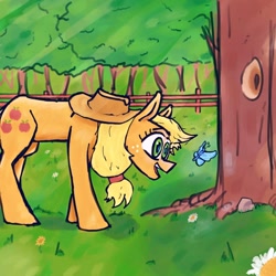 Size: 1024x1024 | Tagged: safe, artist:maso, imported from derpibooru, applejack, butterfly, earth pony, pony, forest, glowing, looking at something, solo, sweet apple acres, tree