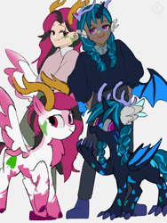Size: 1536x2048 | Tagged: safe, artist:metaruscarlet, imported from derpibooru, oc, oc only, oc:blossom blaze, oc:neela, dracony, dragon, human, hybrid, kirin, pegasus, pony, zebra, boots, clothes, dark skin, denim, duo, eye scar, facial scar, female, horn, horned humanization, human ponidox, humanized, humanized oc, jeans, looking at each other, looking at someone, mare, markings, open mouth, pants, raised hoof, scar, self paradox, self ponidox, shirt, shoes, simple background, sweater, unshorn fetlocks, white background, winged humanization, wings