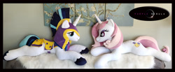 Size: 3456x1424 | Tagged: safe, artist:purplenebulastudios, imported from derpibooru, fleur-de-lis, shining armor, pony, irl, life size, lying down, photo, plushie, prone