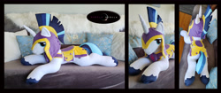 Size: 6600x2773 | Tagged: safe, artist:purplenebulastudios, imported from derpibooru, shining armor, pony, armor, irl, life size, lying down, photo, plushie, prone, solo