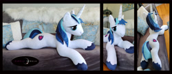 Size: 6408x2773 | Tagged: safe, artist:purplenebulastudios, imported from derpibooru, shining armor, pony, irl, lying down, photo, plushie, prone, solo