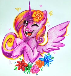 Size: 1925x2048 | Tagged: safe, artist:pozya1007, imported from derpibooru, princess cadance, alicorn, pony, eye clipping through hair, flower, flower in hair, happy, looking at you, marker drawing, one eye closed, open mouth, open smile, smiling, solo, sparkles, spread wings, traditional art, unshorn fetlocks, wings, wink