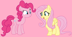 Size: 1128x582 | Tagged: safe, artist:jadeharmony, imported from derpibooru, fluttershy, pinkie pie, earth pony, pegasus, pony, duo, duo female, female, flutterpie, lesbian, mare, open mouth, open smile, pink background, shipping, simple background, smiling