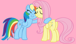 Size: 974x574 | Tagged: safe, artist:jadeharmony, imported from derpibooru, fluttershy, rainbow dash, pegasus, pony, duo, duo female, eyes closed, female, flutterdash, hug, lesbian, pink background, shipping, simple background, smiling