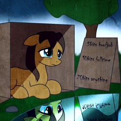 Size: 894x894 | Tagged: safe, artist:djseras, imported from derpibooru, oc, oc only, oc:morning glory, earth pony, pony, alone, cardboard box, dark sky, lake, rain, sad, text, tree, water