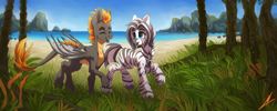 Size: 7662x3065 | Tagged: safe, artist:midnightflight, imported from derpibooru, oc, oc only, dracony, dragon, hybrid, pony, zebra, dracony oc, ocean, rainforest, water, zebra oc