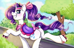 Size: 2048x1346 | Tagged: safe, artist:pozya1007, imported from derpibooru, rarity, pony, unicorn, blushing, bow, butt, grin, hair bow, headband, looking at you, plot, rearity, roller skates, saddle, skates, smiling, smiling at you, solo, tack, tail, tail bow