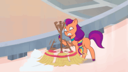 Size: 960x540 | Tagged: safe, imported from derpibooru, screencap, sunny starscout, earth pony, pony, spoiler:g5, spoiler:my little pony: tell your tale, spoiler:tyts01e01, a home to share, animated, broom, crystal brighthouse, cute, dust, female, g5, gif, mare, my little pony: tell your tale, solo, sunnybetes, sweeping