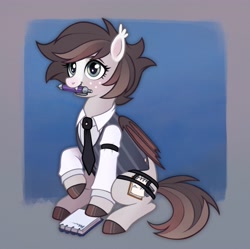 Size: 4381x4368 | Tagged: artist needed, safe, imported from derpibooru, oc, oc:news flash, bat pony, clothes, female, mare, necktie, simple background, sitting, vest