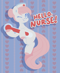 Size: 1280x1568 | Tagged: safe, artist:glowfangs, imported from derpibooru, nurse redheart, earth pony, pony, colored hooves, hat, missing cutie mark, nurse hat, one eye closed, smiling, solo, thermometer, wink