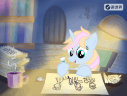 Size: 1080x822 | Tagged: safe, artist:lydia, imported from derpibooru, oc, oc:windy／painting heart, pony, unicorn, animated, bedroom, blinking, blue body, book, chair, cup, desk, door, drawing, frame by frame, lamp, light, looking down, night, open mouth, paper, pencil, rubber, show accurate, smiling, solo, table, wooden floor