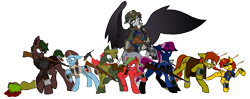 Size: 4305x1701 | Tagged: artist needed, source needed, safe, imported from twibooru, oc, oc only, oc:sharpkey, earth pony, griffon, pony, unicorn, fallout equestria, female, geneva convention violation, gun, image, knife, looking at each other, male, mare, oc name needed, outline, png, simple background, stallion, transparent background, weapon, white outline