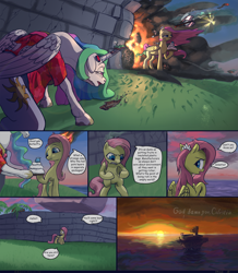 Size: 3381x3886 | Tagged: safe, artist:ciborgen, imported from derpibooru, fluttershy, princess celestia, alicorn, pegasus, pony, snake, alternate hairstyle, arrow, axe, battle axe, comic, dialogue, drugs, duo, duo female, female, fire, high res, immortal, island, mare, ponytail, speech bubble, stranded, sunset, syringe, weapon