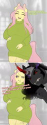 Size: 700x1867 | Tagged: safe, artist:evehly, imported from derpibooru, fluttershy, king sombra, anthro, pegasus, unicorn, ..., 2 panel comic, angry, breasts, busty fluttershy, clothes, comic, cute, duo, eyes closed, fangs, female, fluttermom, fluttershy is not amused, gritted teeth, husband and wife, looking at you, male, open mouth, overprotective, pointing, preggoshy, pregnant, shipping, shyabetes, sombrashy, straight, sweater, sweatershy, talking to viewer, teeth, threatening, unamused