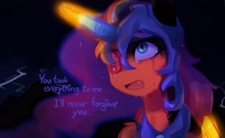 Size: 3572x2207 | Tagged: safe, artist:maren, imported from derpibooru, nightmare moon, sunny starscout, alicorn, pony, alternate universe, armor, cosplay, costume, crying, engrish, eyepatch, female, g5, glowing, glowing horn, grammar error, helmet, horn, mare, nightmare moon armor, nightmare night costume, nightmare sunny, open mouth, race swap, sad, solo, sunnycorn