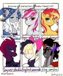 Size: 1674x2000 | Tagged: safe, artist:xiaowu07, imported from derpibooru, king sombra, songbird serenade, star swirl the bearded, sugar moonlight, sunset shimmer, tempest shadow, earth pony, pegasus, pony, unicorn, six fanarts, my little pony: the movie, cute, female, g4, g5, looking at you, male, mare, my little pony: a new generation, stallion