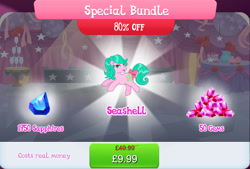 Size: 1270x858 | Tagged: safe, imported from derpibooru, seashell (g1), earth pony, pony, bow, bundle, costs real money, english, female, g1, gameloft, gem, mare, mobile game, my little pony: magic princess, numbers, official, sale, solo, tail, tail bow, text