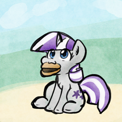 Size: 900x900 | Tagged: safe, artist:zutcha, imported from derpibooru, twilight velvet, pony, unicorn, :3, burger, cute, female, food, like mother like daughter, like parent like child, looking up, mare, meat, mouth hold, ponies eating meat, sitting, solo, velvetbetes
