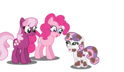 Size: 605x350 | Tagged: safe, artist:lil' pegasus, imported from derpibooru, cheerilee, pinkie pie, sweetie belle, earth pony, pony, unicorn, over two rainbows, dirty, female, filly, foal, g3.5, mare, newborn cuties, redraw, simple background, transparent background, trio, trio female