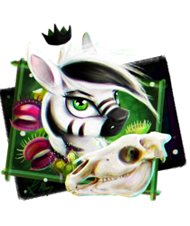 Size: 1024x1220 | Tagged: safe, artist:lailyren, imported from derpibooru, oc, oc only, pony, zebra, bust, crown, facial markings, female, frame, jewelry, plant, regalia, simple background, skull, solo, sundew, transparent background