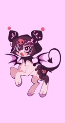 Size: 1080x2032 | Tagged: safe, artist:bunbunbewwii, imported from derpibooru, oc, oc only, pony, bat wings, devil tail, fangs, female, hairclip, pink background, simple background, skull, solo, tail, unshorn fetlocks, wings