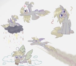 Size: 1024x892 | Tagged: safe, artist:petaltwinkle, imported from derpibooru, derpy hooves, insect, moth, mothpony, original species, pegasus, pony, chocolate, chocolate rain, cloud, cute, derpabetes, female, food, gray background, head tilt, holding a pony, hoof hold, lightning, mare, mouth hold, muffin, multeity, on a cloud, question mark, rain, raincloud, simple background, sitting, sitting on a cloud, solo, species swap