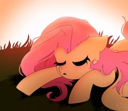 Size: 1511x1316 | Tagged: safe, artist:petaltwinkle, imported from derpibooru, fluttershy, pegasus, pony, cute, eyes closed, female, mare, shyabetes, sleeping, solo, sunset