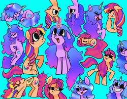 Size: 1368x1074 | Tagged: safe, alternate version, artist:petaltwinkle, imported from derpibooru, izzy moonbow, sunny starscout, alicorn, earth pony, pony, unicorn, blue background, duo, eyes closed, floppy ears, g5, grin, lying down, mane stripe sunny, open mouth, open smile, prone, race swap, simple background, smiling, sunnycorn, tongue out