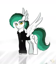 Size: 1316x1511 | Tagged: safe, artist:petaltwinkle, imported from derpibooru, oc, oc only, pegasus, pony, clothes, looking at you, reflection, shirt, simple background, smiling, smiling at you, solo, spread wings, white background, wings