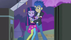 Size: 3072x1727 | Tagged: safe, imported from derpibooru, screencap, flash sentry, twilight sparkle, human, equestria girls, rainbow rocks, blushing, clothes, duo, duo male and female, female, grin, hug, jacket, male, night, rainbow rocks outfit, smiling