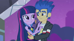 Size: 3072x1727 | Tagged: safe, imported from derpibooru, screencap, flash sentry, twilight sparkle, human, equestria girls, rainbow rocks, blushing, clothes, duo, duo male and female, female, hug, jacket, looking at each other, looking at someone, male, night, rainbow rocks outfit