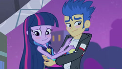 Size: 3072x1727 | Tagged: safe, imported from derpibooru, screencap, flash sentry, twilight sparkle, human, equestria girls, rainbow rocks, blushing, clothes, duo, duo male and female, female, hug, jacket, male, night, rainbow rocks outfit, smiling