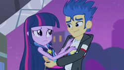 Size: 3072x1727 | Tagged: safe, imported from derpibooru, screencap, flash sentry, twilight sparkle, human, equestria girls, rainbow rocks, blushing, clothes, duo, duo male and female, female, frown, hug, jacket, looking at each other, looking at someone, male, night, rainbow rocks outfit, smiling