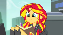 Size: 3072x1727 | Tagged: safe, imported from derpibooru, screencap, sunset shimmer, human, equestria girls, rainbow rocks, book, boots, clothes, cute, cutie mark on clothes, female, high heel boots, jacket, leather, leather jacket, shimmerbetes, shoes, solo, writing