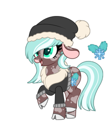 Size: 3173x3535 | Tagged: safe, artist:ashestoashkar, imported from derpibooru, oc, oc only, oc:winter mint, cow, cow pony, big ears, clothes, cloven hooves, cutie mark, eyelashes, floppy ears, hat, hooves, raised hoof, simple background, solo, spots, tail, transparent background, two toned mane, two toned tail, winter outfit