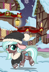 Size: 2307x3344 | Tagged: safe, artist:ashestoashkar, imported from derpibooru, oc, oc only, oc:winter mint, cow, cow pony, background, big ears, clothes, cloven hooves, eyelashes, floppy ears, happy, hat, hearth's warming, hooves, lantern, night, raised hoof, snow, snowflake, solo, spots, tail, trotting, two toned mane, two toned tail, winter, winter outfit, wreath