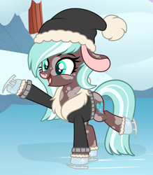 Size: 2292x2612 | Tagged: safe, artist:ashestoashkar, imported from derpibooru, oc, oc:winter mint, cow, cow pony, background, big ears, clothes, cloven hooves, eyelashes, floppy ears, happy, hat, hooves, ice, ice skating, raised hoof, skating, snow, spots, tail, two toned mane, two toned tail, winter, winter outfit