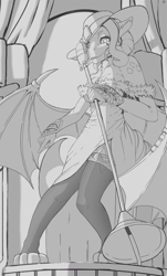 Size: 2894x4781 | Tagged: safe, artist:thereyk, imported from derpibooru, oc, oc only, oc:tourmaline the dragoness, dragon, big tail, clothes, dragoness, ear piercing, earring, fancy, female, grayscale, hat, jewelry, microphone, monochrome, piercing, pose, singing, socks, solo, spread wings, tail, wings