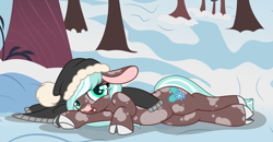 Size: 4365x2277 | Tagged: safe, artist:ashestoashkar, imported from derpibooru, oc, oc only, oc:winter mint, cow, cow pony, background, big ears, clothes, cloven hooves, draw me like one of your french girls, eyelashes, floppy ears, happy, hat, hooves, looking at you, lying down, raised hoof, snow, solo, spots, staring at you, tail, tree, two toned mane, two toned tail, winter, winter outfit