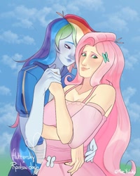 Size: 810x1012 | Tagged: safe, artist:lalidraws, imported from derpibooru, fluttershy, rainbow dash, human, equestria girls, breasts, busty fluttershy, duo, duo female, female, flutterdash, lesbian, masculine, shipping, smiling