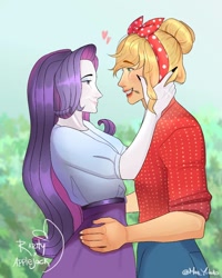 Size: 810x1012 | Tagged: safe, artist:lalidraws, imported from derpibooru, applejack, rarity, human, equestria girls, duo, duo female, female, floating heart, grin, heart, lesbian, lipstick, looking at each other, looking at someone, masculine, rarijack, shipping, smiling