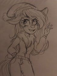 Size: 4032x3024 | Tagged: safe, artist:cyberf41ry, imported from derpibooru, oc, oc:winter mint, anthro, cow, cow pony, big ears, clothes, eyelashes, floppy ears, hat, pants, spots, traditional art, waving, winter outfit