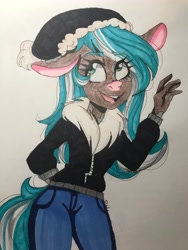 Size: 3024x4032 | Tagged: safe, artist:cyberf41ry, imported from derpibooru, oc, oc only, oc:winter mint, anthro, cow, cow pony, big ears, clothes, colored, eyelashes, floppy ears, hat, pants, solo, spots, tail, traditional art, two toned mane, two toned tail, watermark, waving, winter outfit