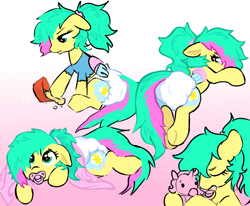 Size: 2115x1742 | Tagged: safe, artist:onc3l3rphobix, imported from derpibooru, oc, oc only, pegasus, pony, adult foal, blanket, collage, diaper, diaper fetish, female, fetish, gradient background, infantilism, lying down, mare, non-baby in diaper, pacifier, plushie, prone, sitting, solo